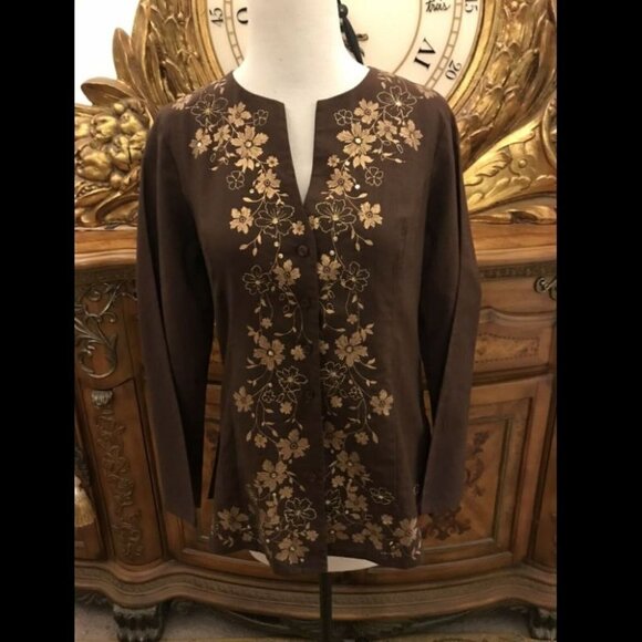 Linen and Cotton Blend. S/P Embroidered Metallic Long Sleeve Top Tunic B14 - Picture 1 of 5